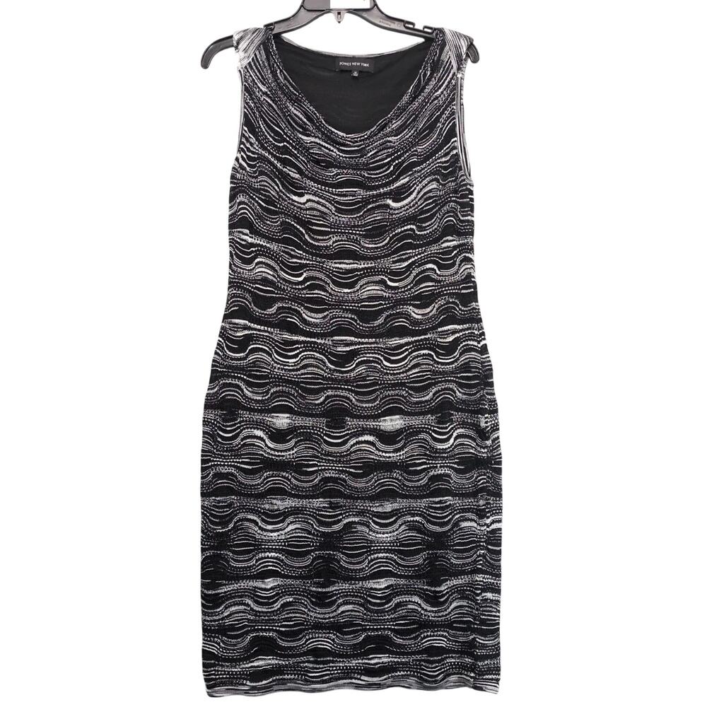 Jones New York Black White Silver Wavy Knit Cocktail Dress Sz M Sleeveless Retro
